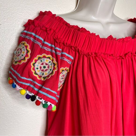 Entro Off Shoulder Pom Pom Embroidered Boho Peasant Tunic Red Orange Women Med - Picture 3 of 11